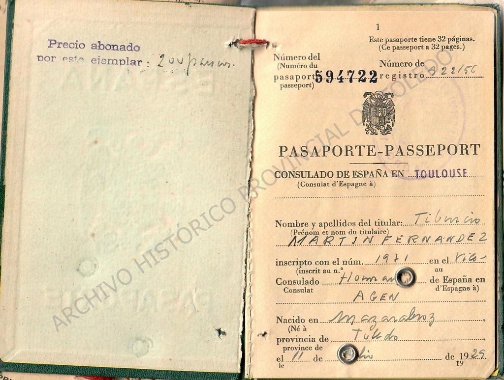Primera página del pasaporte de Tiburcio Martín