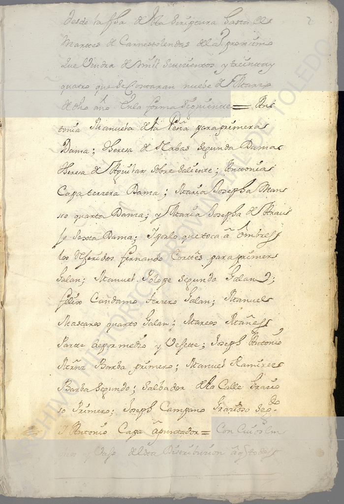 Documento relacionando los actores de la compañía formada por Salvador de la Calle y sus respectivos papeles (1733)