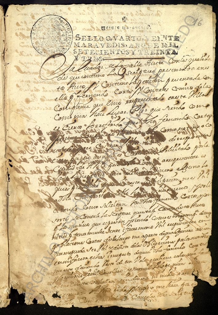 Declaración de Salvador de la Calle ante el corregidor de Talavera de la Reina reconociendo que su compañía de cómicos no tiene ofertas de trabajo ni dinero para pagar a los actores. Está hecha en papel timbrado del año 1733.