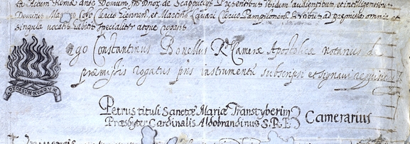 Fragmento de un documento manuscrito. A la izquierda hay un dibujo de una hoguera y bajo ella el lema "Deorsum nunquam".