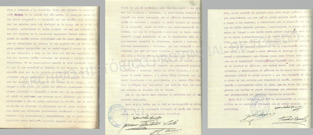 Tres hojas escritas con fragmentos del proceso por injurias contra el alcalde de Consuegra en 1933