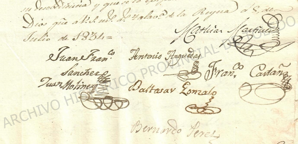 Final de un texto manuscrito. Puede leerse la fecha ("Talavera de la Reyna, a 5 de julio de 1834") y siete firmas.