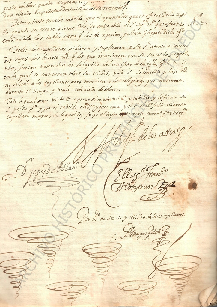 Página manuscrita, con varias firmas, entre ellas "El conde de Los Arcos" y varias rúbricas