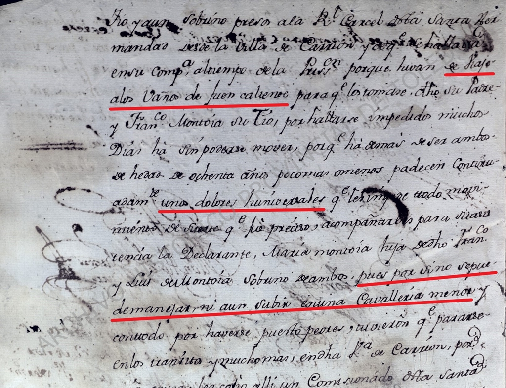 Fragmento de documento manuscrito, con algunas frases subrayadas en rojo.