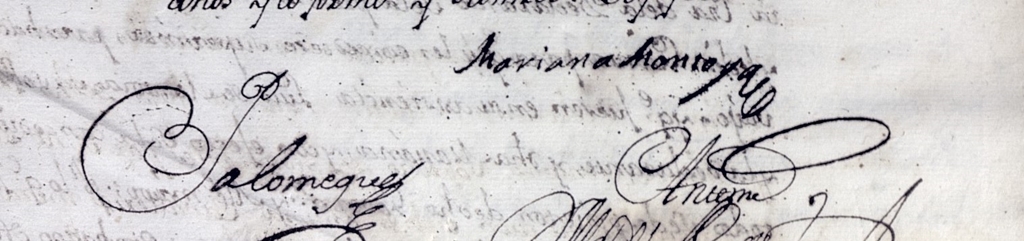 Fragmento de un documento. Se ven dos firmas: "Mariana Montoya" y "Palomeque". También se ve el principio de una rúbrica notarial: "ante mí"