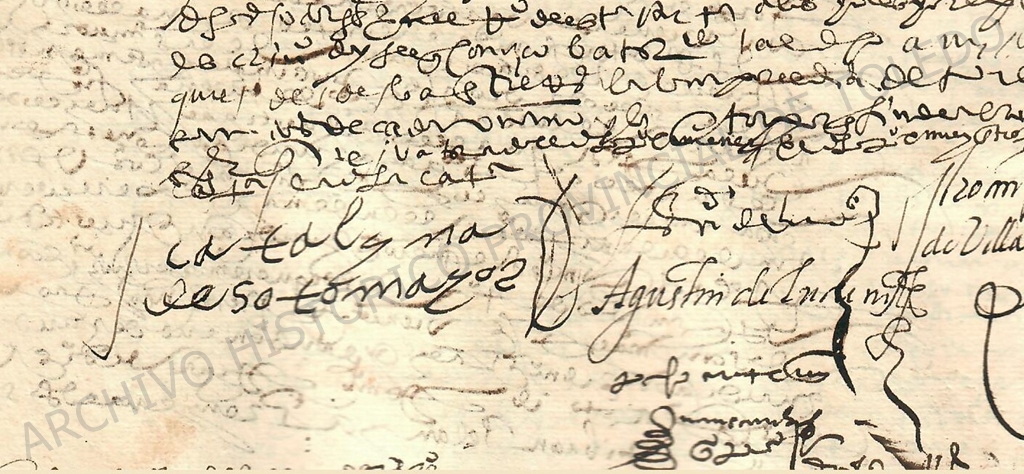 Imagen fragmentaria de un texto manuscrito. Se aprecian diversas firmas, entre ellas la de Catalina de Sotomayor y Agustín de Ludeña.